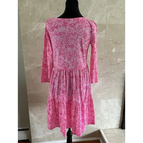 Lilly Pulitzer Geanna Swing Dress — S Pink Blossom Foxy Llama 3/4 Sleeve Tiered - Picture 5 of 10